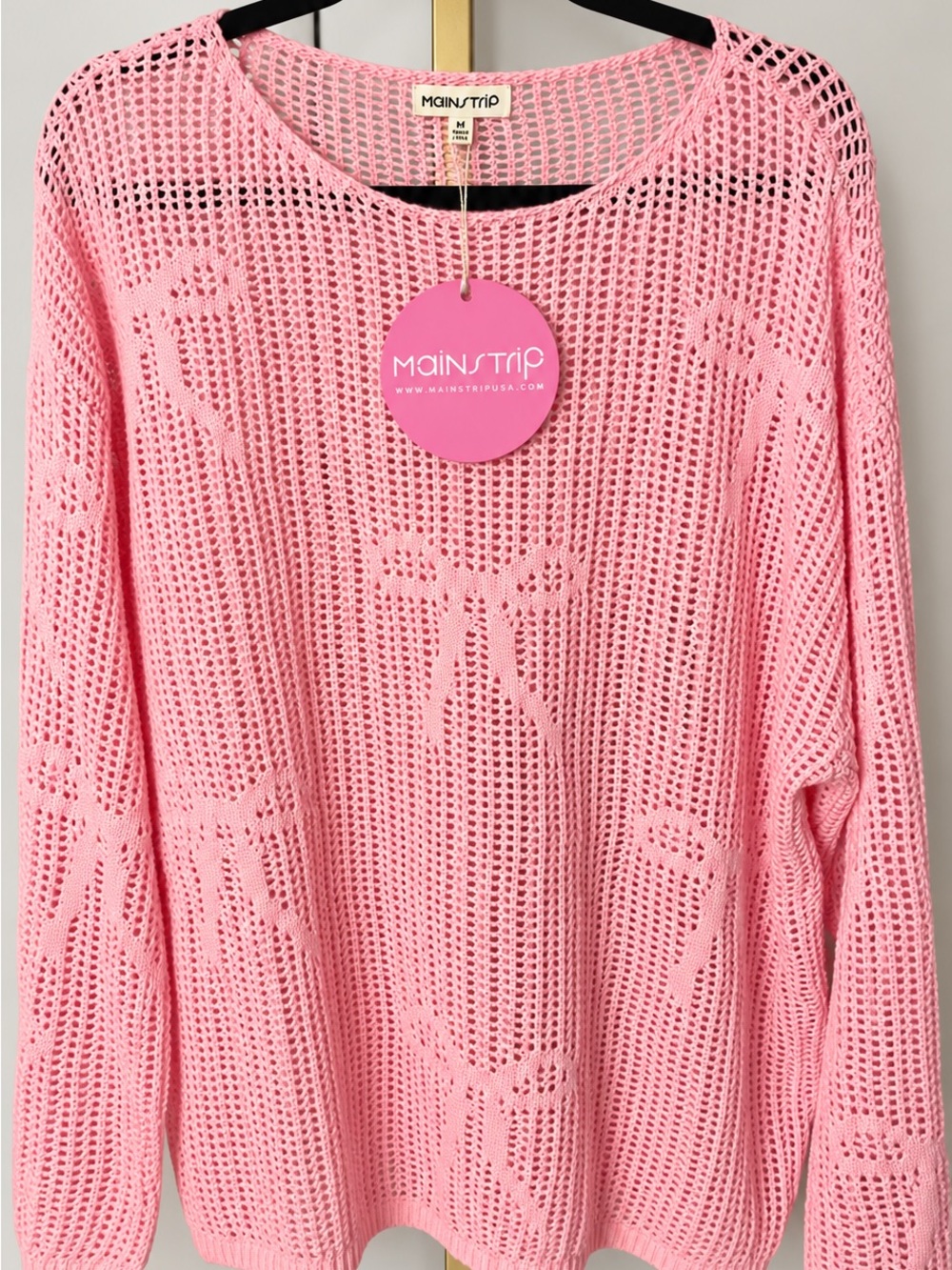 Main Strip Pink Open-Weave Crewneck Sweater
